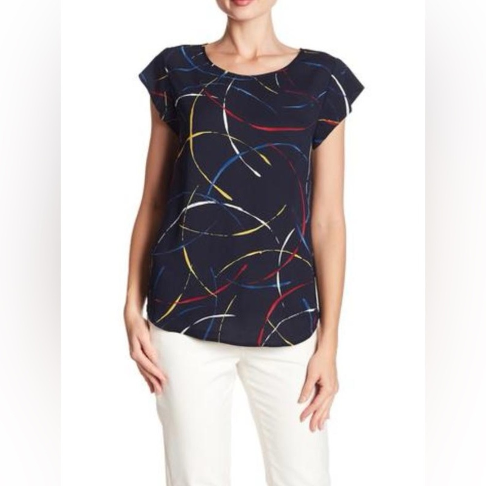 Joie Abstract Print Cap Sleeve Keyhole Back Blouse Navy Multicolor Size Small